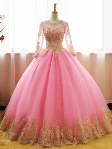 Pink Lace Up Quinceanera Gown Appliques Long Sleeves Floor Length