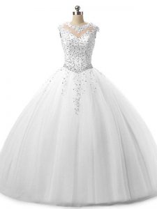 White Lace Up Scoop Beading and Lace Quince Ball Gowns Tulle Sleeveless