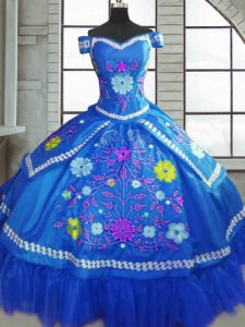 Popular Blue Taffeta Lace Up Sweetheart Short Sleeves Floor Length 15th Birthday Dress Beading and Embroidery