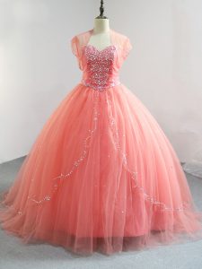 Clearance Watermelon Red Sleeveless Tulle Lace Up Ball Gown Prom Dress for Sweet 16 and Quinceanera