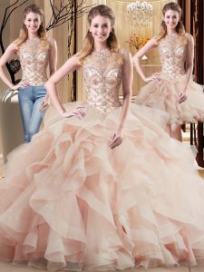 Superior Peach Tulle Lace Up Scoop Sleeveless Quinceanera Gown Brush Train Beading and Ruffles