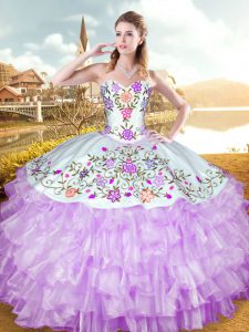Colorful Lilac Sweetheart Neckline Embroidery and Ruffled Layers Quinceanera Gowns Sleeveless Lace Up