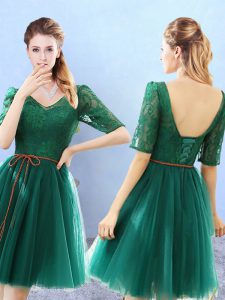 Sweet Half Sleeves Tulle Knee Length Backless Dama Dress for Quinceanera in Green with Lace