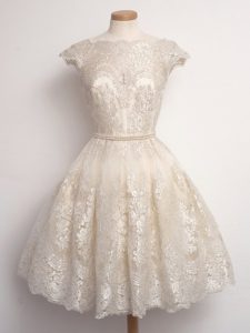 High End Champagne A-line Scalloped Cap Sleeves Lace Knee Length Lace Up Lace Quinceanera Court of Honor Dress