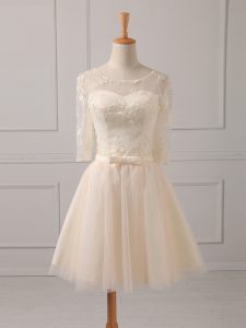 A-line Damas Dress Champagne Scoop Tulle Half Sleeves Mini Length Lace Up