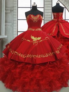 Captivating Sweetheart Sleeveless Brush Train Lace Up Quinceanera Dresses Wine Red Satin and Organza