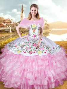 Sweetheart Sleeveless 15th Birthday Dress Floor Length Embroidery and Ruffled Layers Rose Pink Organza