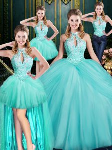 Aqua Blue Halter Top Lace Up Beading and Pick Ups Quinceanera Gown Sleeveless