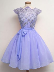 Perfect Knee Length A-line Cap Sleeves Lavender Quinceanera Court of Honor Dress Lace Up