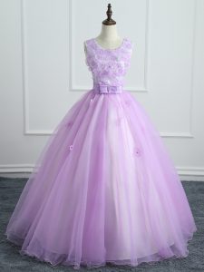 Scoop Sleeveless Organza Quinceanera Dresses Lace and Appliques and Bowknot Lace Up