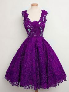 Exceptional Purple A-line Lace Straps Sleeveless Lace Knee Length Lace Up Vestidos de Damas