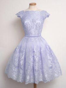 Adorable Lavender Quinceanera Dama Dress Prom and Party and Wedding Party with Lace Scalloped Cap Sleeves Lace Up
