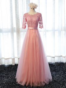 Pink Tulle Lace Up Scoop Half Sleeves Floor Length Damas Dress Lace