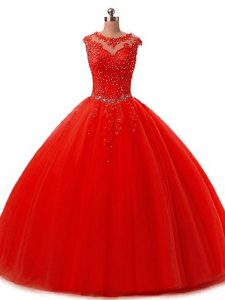 Red Tulle Lace Up Scoop Sleeveless Floor Length Vestidos de Quinceanera Beading and Lace