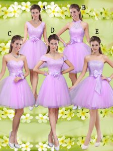 Fantastic Lilac A-line Sweetheart Sleeveless Tulle Knee Length Lace Up Lace and Belt Vestidos de Damas