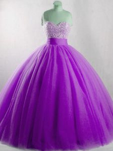 Spectacular Sweetheart Sleeveless Lace Up Sweet 16 Dress Eggplant Purple Tulle