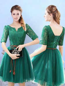 Top Selling Knee Length A-line Half Sleeves Green Damas Dress Lace Up