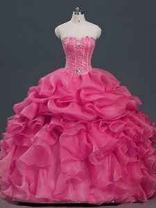 Hot Pink Sleeveless Organza Lace Up Quinceanera Dresses for Military Ball and Sweet 16 and Quinceanera