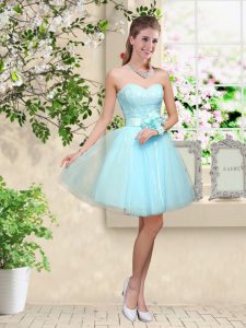 Fitting Aqua Blue Sleeveless Knee Length Lace and Belt Lace Up Quinceanera Court of Honor Dress