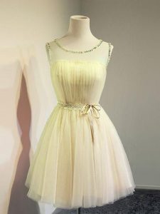 Sleeveless Tulle Knee Length Lace Up Court Dresses for Sweet 16 in Gold with Belt