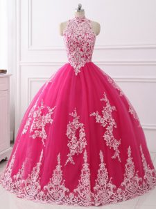 Hot Pink Sleeveless Lace Floor Length Quinceanera Gowns