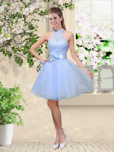 Lavender Sleeveless Knee Length Lace and Belt Lace Up Quinceanera Court Dresses
