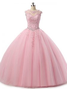 Eye-catching Baby Pink Tulle Lace Up Scoop Sleeveless Floor Length Quinceanera Gowns Beading and Lace