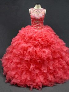 Hot Sale Coral Red Lace Up Scoop Beading and Ruffles Quinceanera Dress Organza Sleeveless