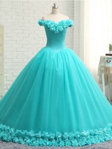 Tulle Sleeveless Quinceanera Gowns Court Train and Hand Made Flower