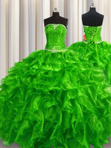 Affordable Sleeveless Organza Floor Length Lace Up Quinceanera Gown in Green with Beading and Ruffles