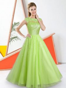 Tulle Bateau Sleeveless Backless Beading and Lace Quinceanera Dama Dress in Yellow Green