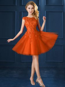 Bateau Cap Sleeves Lace Up Vestidos de Damas Orange Red Tulle