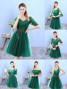 Dazzling Knee Length Backless Dama Dress Green for Prom and Party with Lace