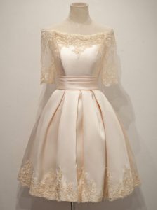 Modest Champagne A-line Off The Shoulder Half Sleeves Taffeta Knee Length Zipper Lace Dama Dress for Quinceanera