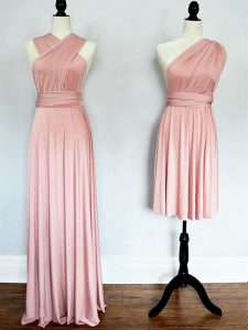 Beautiful Pink Empire Ruching Dama Dress Lace Up Chiffon Sleeveless Floor Length