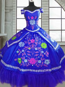 Blue Taffeta Lace Up Quinceanera Dress Short Sleeves Floor Length Beading and Embroidery