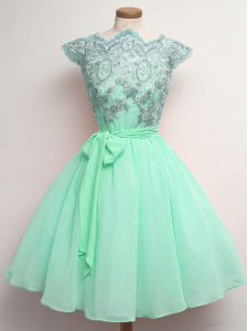 Apple Green Lace Up Dama Dress for Quinceanera Lace and Belt Cap Sleeves Knee Length