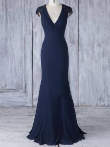 Modern Navy Blue Chiffon Side Zipper Quinceanera Court Dresses Cap Sleeves Floor Length Lace
