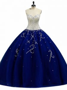 Extravagant Tulle Sweetheart Sleeveless Lace Up Beading 15th Birthday Dress in Royal Blue
