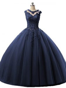 Navy Blue Sleeveless Tulle Lace Up Quince Ball Gowns for Military Ball and Sweet 16 and Quinceanera