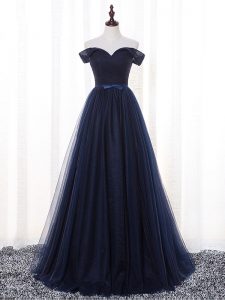 Eye-catching Floor Length Navy Blue Court Dresses for Sweet 16 Off The Shoulder Sleeveless Lace Up