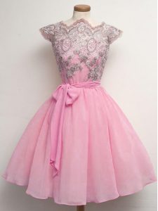 Rose Pink Cap Sleeves Lace and Belt Knee Length Damas Dress