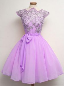 Knee Length Lilac Dama Dress Scalloped Cap Sleeves Lace Up
