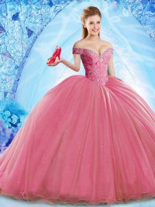 Artistic Organza Off The Shoulder Sleeveless Brush Train Lace Up Beading Quinceanera Gown in Coral Red