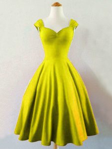Nice Sleeveless Taffeta Knee Length Lace Up Dama Dress in Olive Green with Ruching