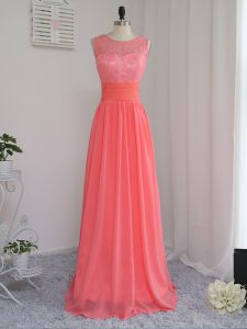 High Class Watermelon Red Court Dresses for Sweet 16 Prom and Party and Wedding Party with Lace Scoop Sleeveless Zipper