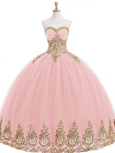 Floor Length Lace Up Sweet 16 Dresses Baby Pink for Sweet 16 and Quinceanera with Appliques