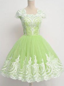 Knee Length Yellow Green Quinceanera Court Dresses Square Cap Sleeves Zipper