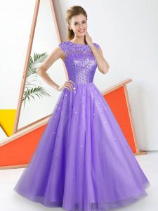 Stunning Bateau Sleeveless Backless Dama Dress Lavender Tulle