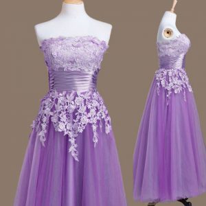 Customized Lavender Tulle Lace Up Quinceanera Court Dresses Sleeveless Tea Length Appliques